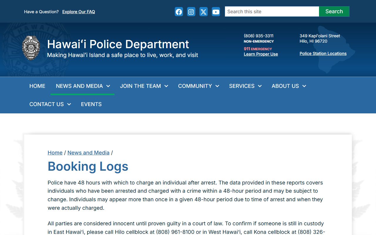 Hawaii Police Department booking logs for the Hilo Police Blotter