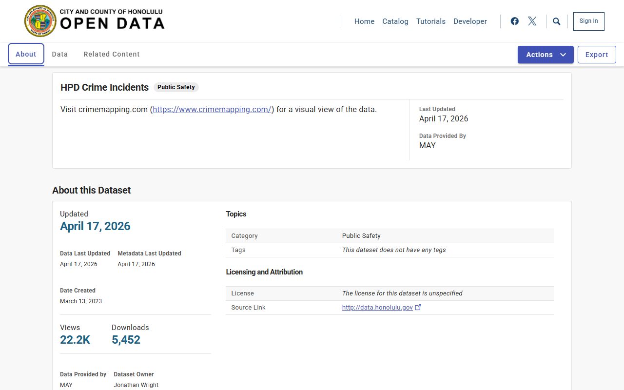 Honolulu open data portal for Waipahu Police Blotter crime incidents