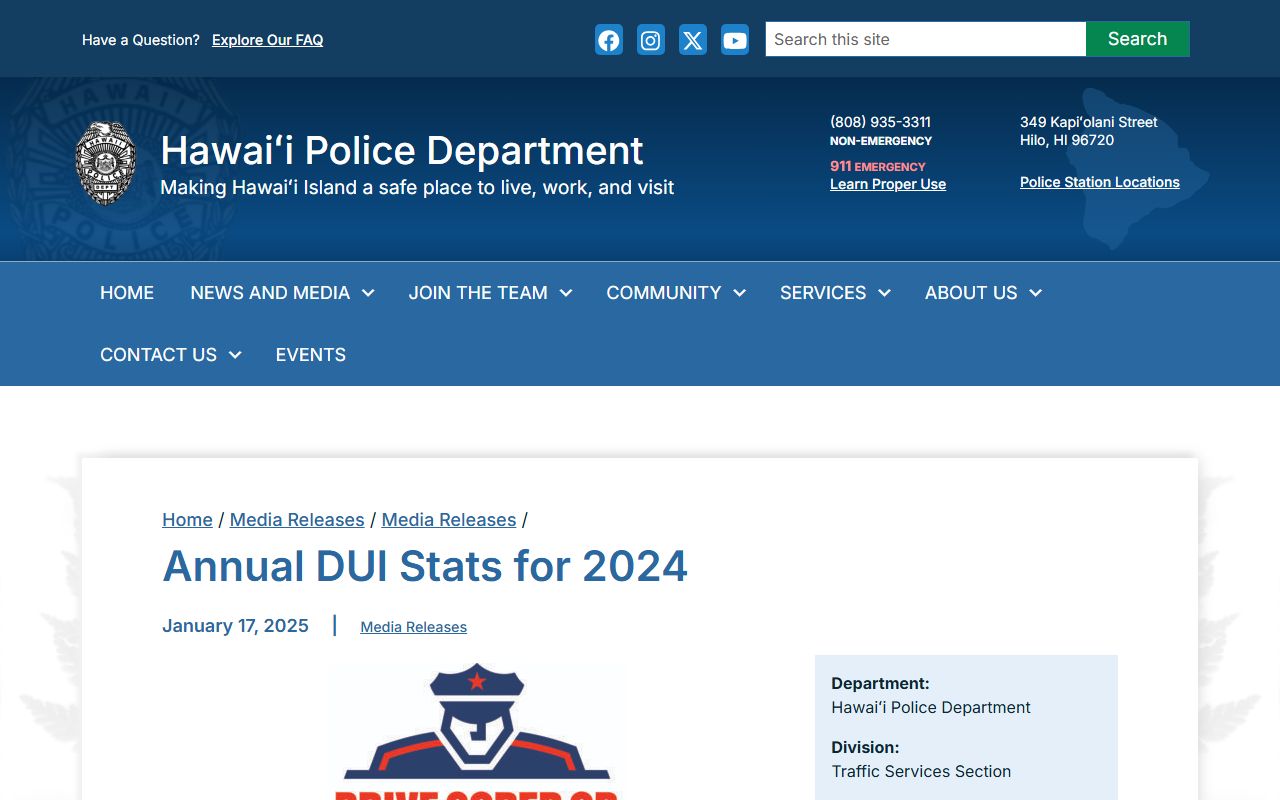 Hawaii County Police DUI statistics Police Blotter report 2024