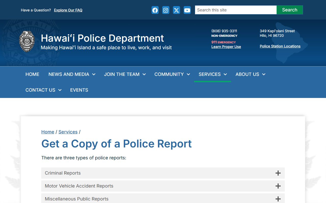 Hawaii County Police report request page Police Blotter