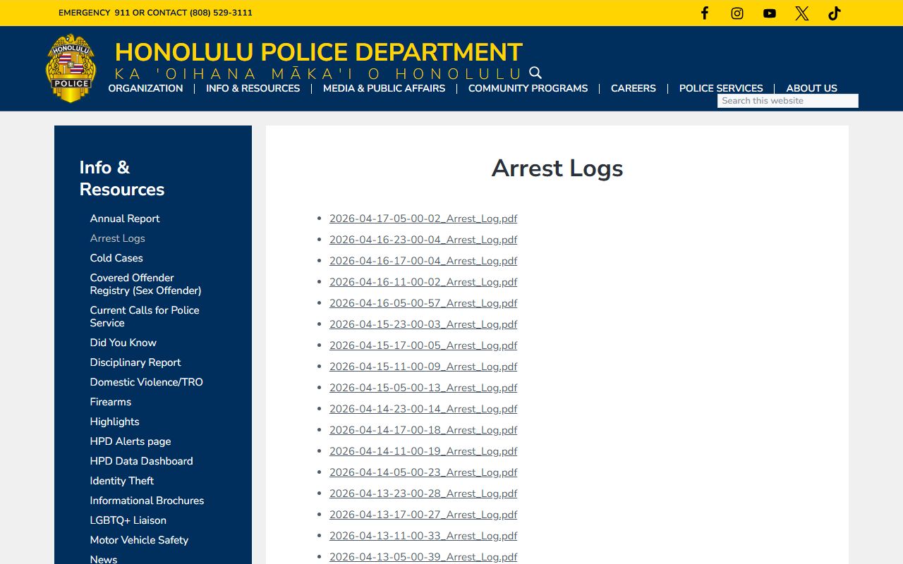 Honolulu County HPD Arrest Logs - Police Blotter main page