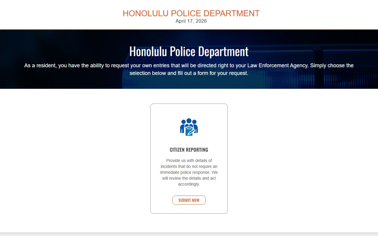 Honolulu County HPD online reporting system for Police Blotter entries