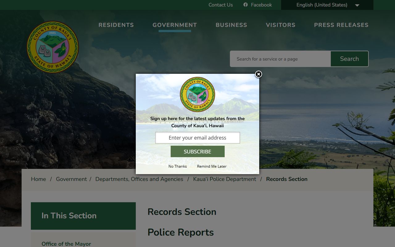Kauai County Police Records Section for Police Blotter requests