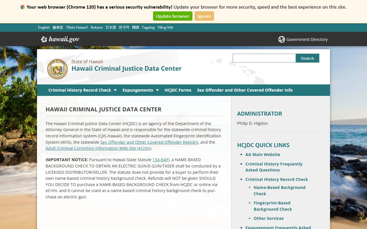 Hawaii Criminal Justice Data Center main page for Police Blotter checks
