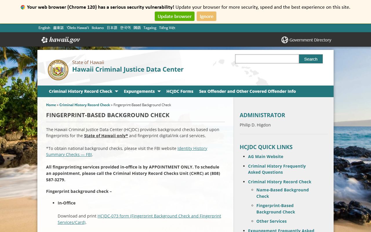 Hawaii fingerprint-based background check for Police Blotter records